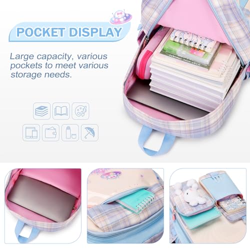 FIXITOK Girls Backpack Set, 3PCS Kids Backpack for Girls, Kawaii Bunny School Backpacks for Girl Kindergarten Elementary Preschool Middle School Bags with Lunch Box Pencil Case Blue-Plaid - color: Blue-plaid