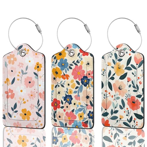 Luggage Tags for Suitcases Durable Leather Luggage Tags Cute Travel Name Tags for Cruise Ships Travel Essentials 3 Pack (Colorful Flowers) - color: Spring Flowers