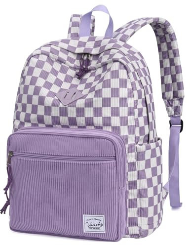 VASCHY Corduroy Backpack for Girls, Lightweight School Bag for Elementary, Middle & High School, Teen Bookbag, Women’s Casual Travel Daypack Purple Plaid - color: Purple White Plaid