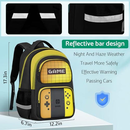 Kids Backpack For Boys，Gamer Boys Backpack For Children Teens Elementary Middle School, 17″ Students Bookbag - color: Backpack Set-sw-orange & Yellow