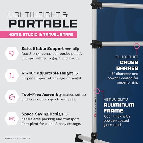 VITA Barre Portable Freestanding Double Ballet Barre, Prodigy, Aluminum | Adjustable Height, USA Made, Home or Gym Exercise Equipment for Kids & Adults | Dance, Fitness, Pilates - color: Satin Silver, style: 6 Ft