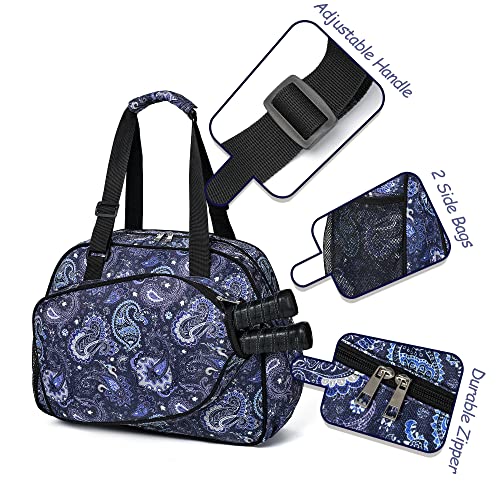 Boulder Bee Pickleball Bags, Premium Pickleball Tote Bag for Girls, Women’s Hand/Shoulder Gym Bag w Water Bottle Holder, with Pickleball Racquet/Paddle Holder - color: Blue cashew flower