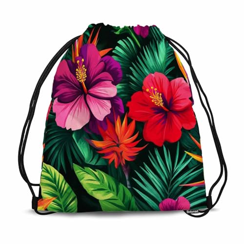 Drawstring Bags Tropical Flowers Pattern Gorgeus Botanical Elements Hibiscus Palm Paradise Bird Sport Gym Sack Drawstring Bag String Bag Yoga Bag 14x16.9 Inch - color: Tropical Flowers