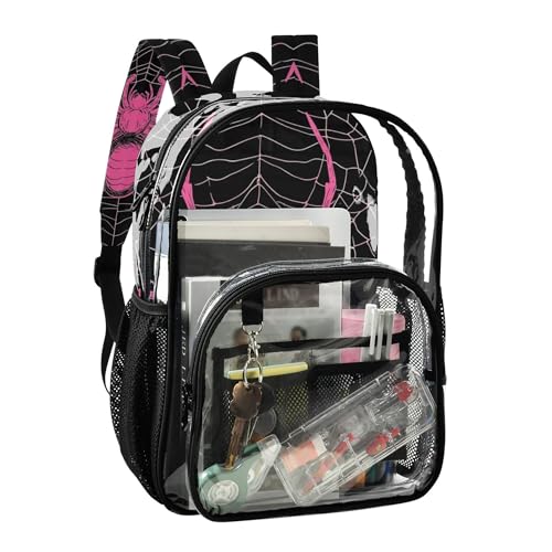 Pink Spider and Spider Web on Black Clear Backpack PVC Transparent Backpack Lightweight Book Bags Capacity Clear Bag for Boys Girls - color: Charcoal Grey