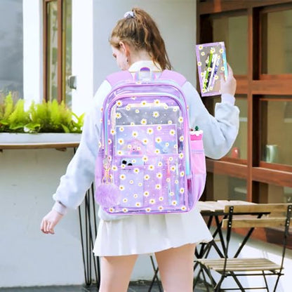 gxtvo 3PCS See Through Backpack Heavy-Duty Set for Women & Teen Girls, 17" Purple Transparent Bookbag with Rainbow Strap, Cute Chrysanthemum Clear School Bag - color: Purple Chrysanthemum Clear Backpack Set