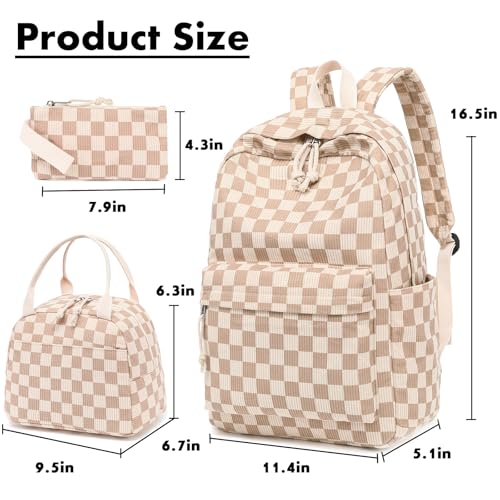 Bluboon School Backpack Set Girls Womens Laptop Bookbag Casual Daypack Fits 15 inch Laptop with Lunch Tote Bag and Pencil Bag - color: Corduroy Checkered Brown