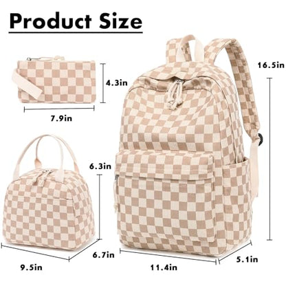 Bluboon School Backpack Set Girls Womens Laptop Bookbag Casual Daypack Fits 15 inch Laptop with Lunch Tote Bag and Pencil Bag - color: Corduroy Checkered Brown
