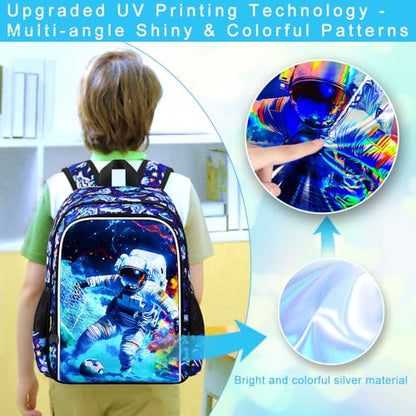 HPJGD 3PCS Boys Astronaut Bookbag, Water Resistant Kids School Bag Set with Lunch Box, Cool Backpack for Elementary Preschool Toddler - Soccer Astronaut - color: Cool Uv Printed Astronaut Soccer Blue