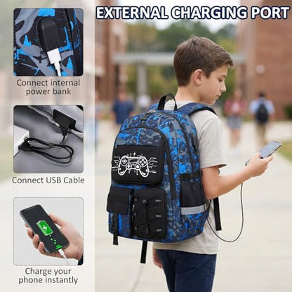 School Backpack for Boys - Gamer Boys Backpacks for Kids Teens Elementary Middle High School,18″ Large Capacity Students Bookbag with Usb Charging Port - color: Game002-only