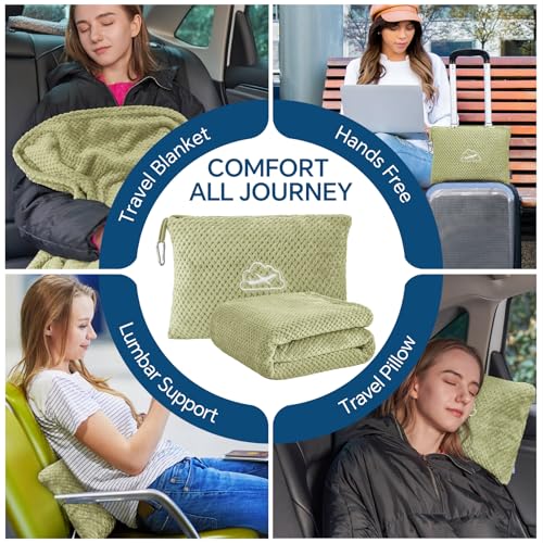 BEDELITE Travel Blanket with Bag, Ultra-Soft Jacquard Fleece Blanket with Luggage Sleeve & Backpack Clip, Airplane Blanket Travel Essentials, Sage Green - color: Sage Green
