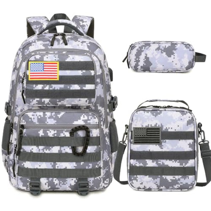 Camo Backpack for Boys, Tactical Boys Backpack with Lunch Box Pencil Case, Kids Backpacks with USB Charging Port, Military Army School Bookbag for Teen Boy Elementary Middle High School Camp - color: Grey