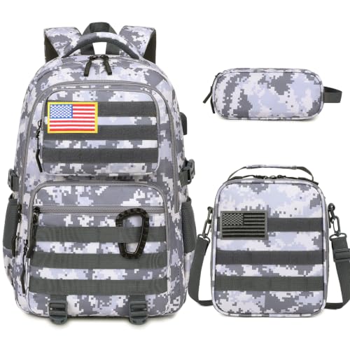 Camo Backpack for Boys, Tactical Boys Backpack with Lunch Box Pencil Case, Kids Backpacks with USB Charging Port, Military Army School Bookbag for Teen Boy Elementary Middle High School Camp - color: Grey