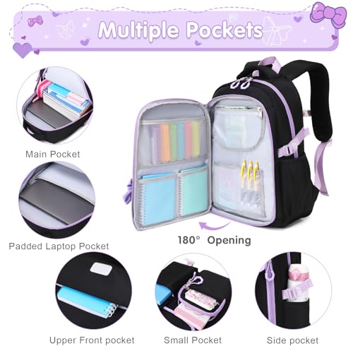 ACESAK Girls Backpack - 3PCS Backpack for Girls Cute School Backpacks for Girl Kindergarten Elementary Preschool Middle Kids School Bags with Lunch Box Pencil Case Set (Black-Purple) - color: Black Purple