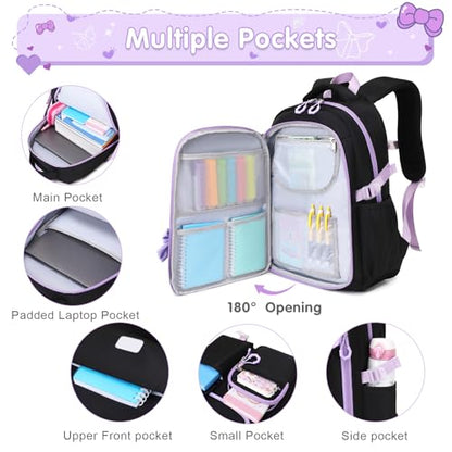 ACESAK Girls Backpack - 3PCS Backpack for Girls Cute School Backpacks for Girl Kindergarten Elementary Preschool Middle Kids School Bags with Lunch Box Pencil Case Set (Black-Purple) - color: Black Purple