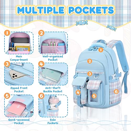 PIG PIG GIRL Girls Backpack, Lightweight Kids Backpack Kawaii School Backpacks Bookbag for Primary Elementary School,Age 6-14 years,Blue(Luggage Strap Ver) - color: 1pc-blue(luggage Strap Ver)