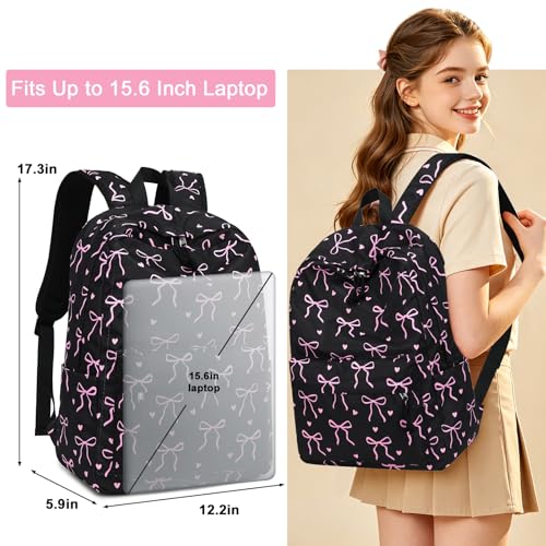 LEDAOU School Backpack for Teen Girls - 15.6 Inch Laptop Backpack, Cute Bow Aesthetic Bookbag, Lightweight Water Resistant Daypack for Middle High School, College and Travel, Black - color: A-black Bow Tie