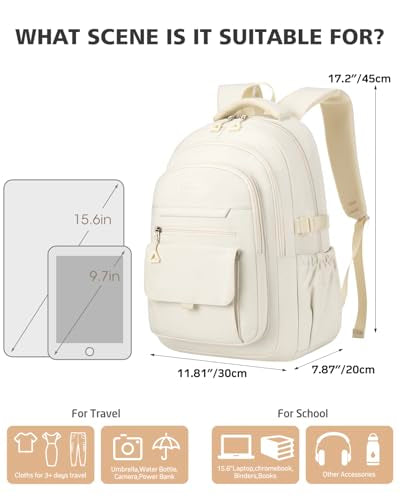 Cute Backpacks for Girls, Teens Aesthetic High School Laptop Backpack College Student Women Bookbag, Mochilas Escolares para Niñas, Beige - color: Beige, size: 15.6in