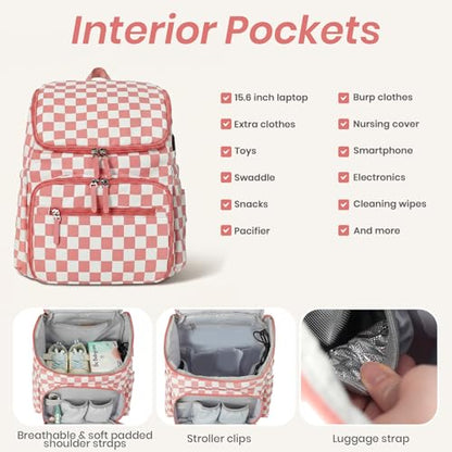 FHELAD Checkered Diaper Bag Backpack with Changing Pad & Stroller Clips, Large Travel Baby Diaper Bag for Newborn Moms, Baby Shower Gifts (Peach Pink) - color: Peach Pink