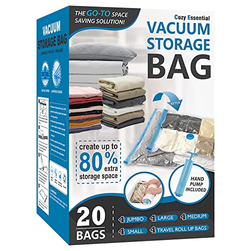 Cozy Essential Vacuum Storage Bags, 80% Compression Vacuum Seal Space Saver Plastic Packaging Bags for Clothes, Blankets, Pillow, Bedding, Comforters, Sealer Clothing Storage,20 Combo