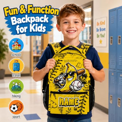 Personalized Kids Backpack Custom Baseball Schoolbag for Boys, Fun Banana Bookbag for School Travel Hiking - color: Yellow
