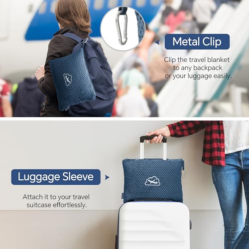 BEDELITE Travel Blanket with Bag, Ultra-Soft Jacquard Fleece Blanket with Luggage Sleeve & Backpack Clip, Airplane Blanket Travel Essentials, Navy - color: Navy