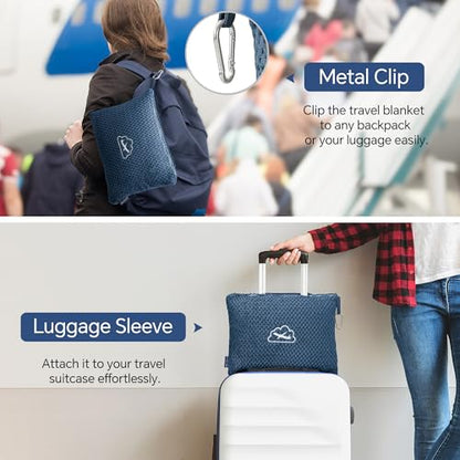 BEDELITE Travel Blanket with Bag, Ultra-Soft Jacquard Fleece Blanket with Luggage Sleeve & Backpack Clip, Airplane Blanket Travel Essentials, Navy - color: Navy