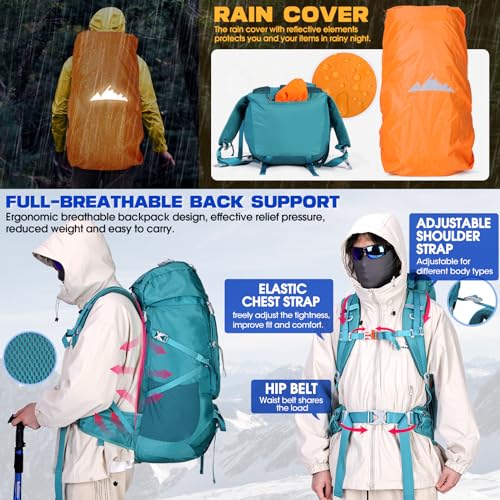 IGOLUMON 60L Hiking Backpack Waterproof Camping Backpack with Rain Cover Large Lightweight Backpacking Backpack for Men Women - color: Green