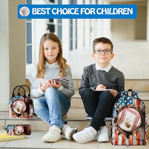 3PCS Backpack for Girls Boys,Teens Flag Baseball Back to School Backpack with Lunch Box Pencil Case, 17 Inch Lightweight Students Backpack 3 in 1 Set for Elementary Middle High School - color: American Flag Baseball