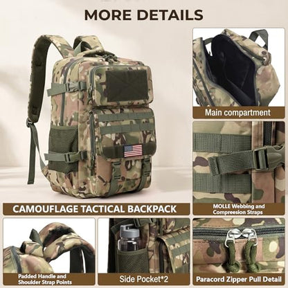 Army Green 35L Tactical Military Backpack, Molle System Hiking Backpack for Men Women, Water Resistant Outdoor Rucksack Fits 16 Inch Laptop for Camping Hunting Trekking - color: Camo Backpack Single Pack 1