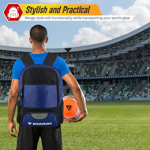 Vizari Soccer Backpack Soccer Bag | Water resistant Durable Equipment Bag for Football, Basketball, Volleyball | Cleats and Ball Compartment - Red,Blue,Pink,Black - color: Black/Royal