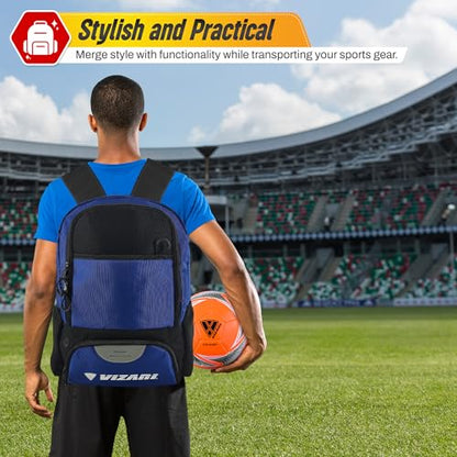 Vizari Soccer Backpack Soccer Bag | Water resistant Durable Equipment Bag for Football, Basketball, Volleyball | Cleats and Ball Compartment - Red,Blue,Pink,Black - color: Black/Royal