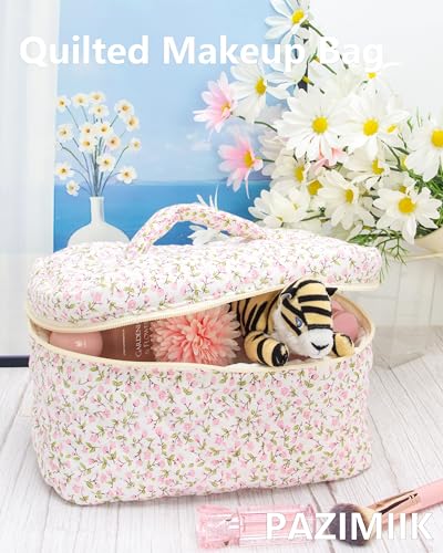 Quilted Makeup Bag for Women, Travel Cosmetic&Toiletry Bag,Floral Pink - color: Floral Pink
