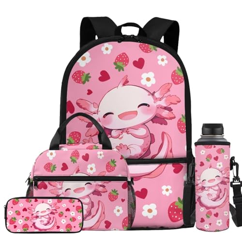 Strawberry Axolotl Backpack for Girls Kids Backpack with Lunch Box Pencil Case and Water Bottle Pouch 4PCS Set Cute Backpacks for Teen Girls Bookbag for Elementary Back to School Supplies - color: Axolotl Strawberry
