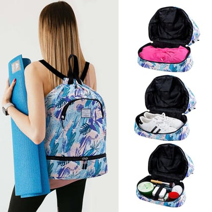 Kamo Drawstring Backpack Bag - Sport Swimming Yoga Backpack with Shoe Compartment, Two Water Bottle Holder for Men Women Large String Backpack Athletic Sackpack for Travel - color: Blue-purple Leaves