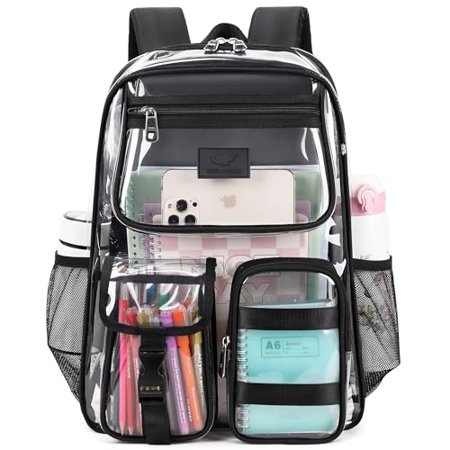 LXYGD Clear Backpack for School Stadium Approved Transparent Heavy Duty See Through College Bookbag Travel Work Daypack Security for Teens Girls Women Students (Black) - color: Black