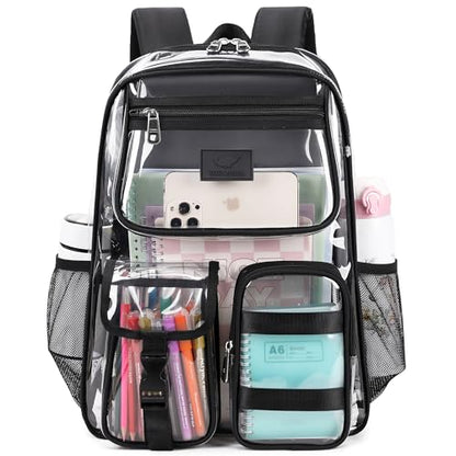 LXYGD Clear Backpack for School Stadium Approved Transparent Heavy Duty See Through College Bookbag Travel Work Daypack Security for Teens Girls Women Students (Black) - color: Black