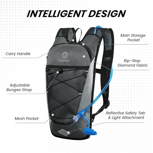Nepest Hydration Backpack with 2L Water Bladder Water Back Pack, Black | 2L Water Bladder, Lightweight, Cycling, Hiking, Running, Biking, Bike - color: Grey