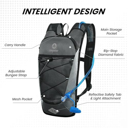Nepest Hydration Backpack with 2L Water Bladder Water Back Pack, Black | 2L Water Bladder, Lightweight, Cycling, Hiking, Running, Biking, Bike - color: Grey