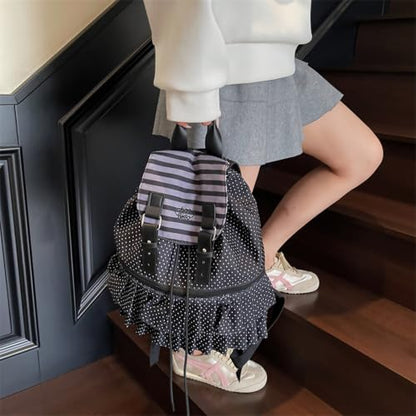 Cute Polka Dot Lace Backpack for Women Flap-top Casual Backpack Cute Nylon Bookbag - color: Black-