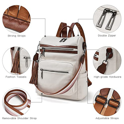 Shrrie Backpack Purse for Women Leather Backpack Fashion Designer Travel Backpack Convertible Shoulder Bag for College Work - color: 2-4-beige With Brown