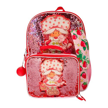 AI ACCESSORY INNOVATIONS Strawberry Shortcake 5 Piece Backpack Set, Flip Sequin Girls School Bag with Front Zip Pocket, 2 Side Mesh Pockets, Pink & Red - color: Strawberry Shortcake