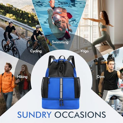 PinCute Drawstring Gym Bag for Men/Women - Mesh Beach Swim Bags Sports Backpack with Wet Pocket&Shoe Compartment, Lightweight - color: Blue