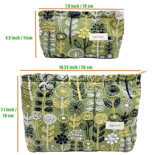 getgto 2 Pcs Makeup Bags, Large Cosmetic Bag Travel Toiletry Bag Organizer for Women, Embroidery Craft,Makeup Bag Small Cosmetic Pouch Purse with Zipper Gifts for Girls Teen - color: Green tree