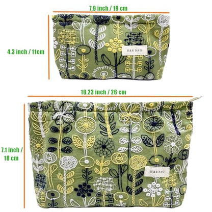 getgto 2 Pcs Makeup Bags, Large Cosmetic Bag Travel Toiletry Bag Organizer for Women, Embroidery Craft,Makeup Bag Small Cosmetic Pouch Purse with Zipper Gifts for Girls Teen - color: Green tree