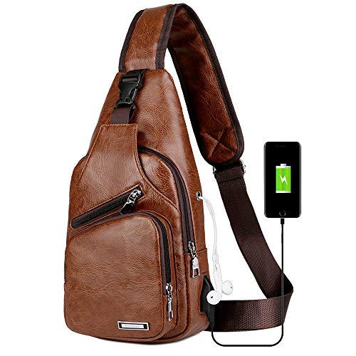 Peicees Leather Sling Bag Mens Crossbody Bag Chest Bag Sling Backpack for Men with USB Charge Port - color: Light Brown, size: Large