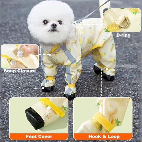 Junchl Small Dog Raincoat Rainboots with D-Ring, Full Coverage Dog Rain Jacket Slicker Poncho, Waterproof Dog Rain Jacket with Reflective Strip, Rainboot, Tail Cover Pineapple XS - color: Pineapple, size: XS:Back 8"(1-2lb)