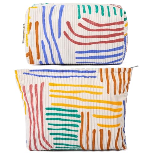 SOIDRAM 2 Pieces Stripes Makeup Bag Large Corduroy Cosmetic Bag Capacity Canvas Mix Travel Toiletry Bag Organizer Cute Makeup Brushes Aesthetic Accessories Storage Bag for Women, Stripes Mix Colorful - color: Colorful Stripes