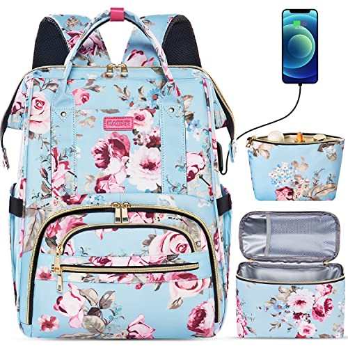 Kaome Lunch Backpack 15.6 Inch Laptop Backpack for Women with USB Port Nurse Gift Teacher Work Backpack Cooler Insulated Lunch Bag Waterproof Daypacks for Work Picnic Travel Anti-theft - color: Blue Pink
