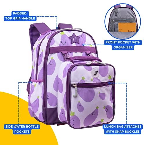 J World Duet Kids Backpack & Lunch Box Set For Boys & Girls Pre-K to Elementary School, Mr Eggplant - color: Mr. Eggplant