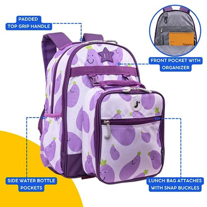 J World Duet Kids Backpack & Lunch Box Set For Boys & Girls Pre-K to Elementary School, Mr Eggplant - color: Mr. Eggplant
